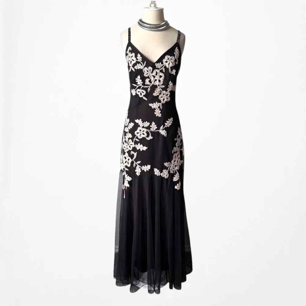 Vintage Y2K 90s Brown Floral Embroidered Mesh Maxi Formal Prom Dress Size S/M